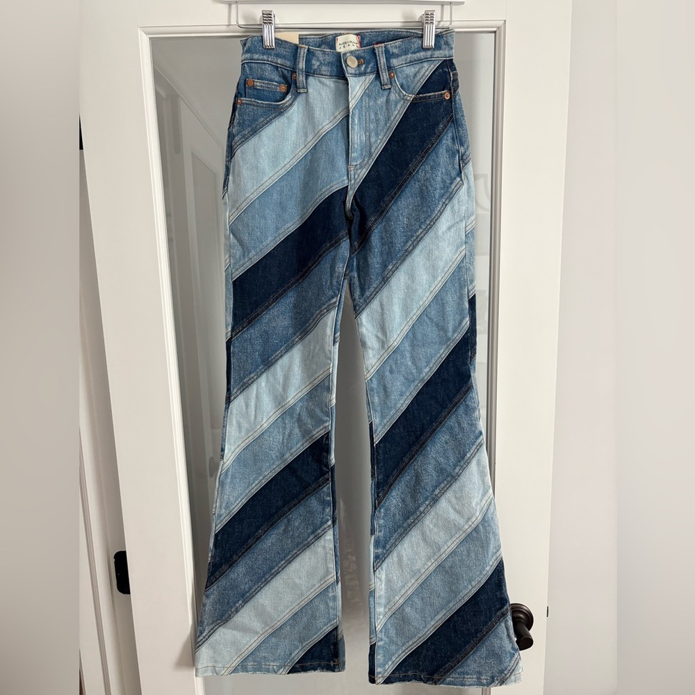Striped Patchwork Wide-Leg Jeans - Blue